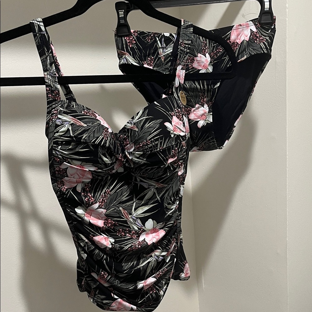 Nip Tuck Swimwear Tropical Floral Black, Pink & Green Tankini